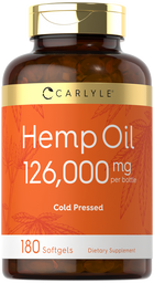 A bottle of Hemp Oil with 126,000 mg, containing 180 softgels. Ideal for wellness support.