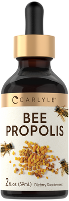 Bee Propolis 2 fl. oz. (59mL) dropper bottle shown next to a hand for size reference, highlighting its compact design.