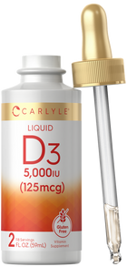 Carlyle Liquid D3 5,000 IU (125 mcg) 2 fl. oz. (59mL) bottle with dropper on a hand-scale background.