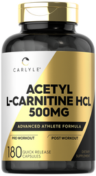 Bottle of Carlyle Acetyl-L Carnitine HCL 500MG containing 180 quick-release capsules.