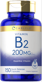 A bottle of 150 quick release capsules of Vitamin B2, each containing 200 mg.