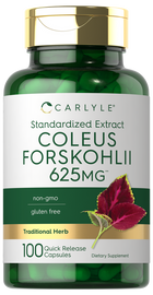 Hand holding Coleus Forskohlii 625MG Quick Release Capsules bottle, showcasing its size and packaging.