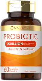 Hand holding a bottle of CLPrebiotic & Probiotic 25 with 60 vegetarian capsules.