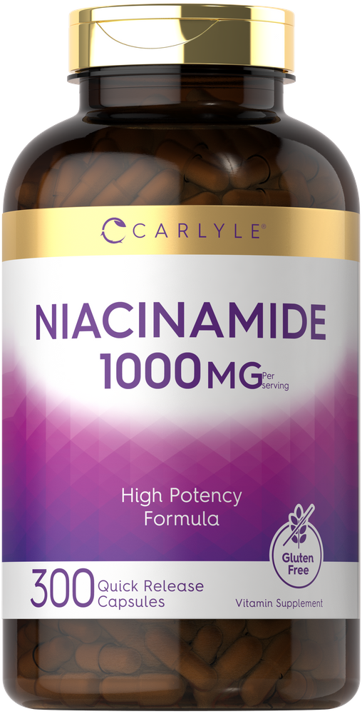 A bottle of 300 quick-release capsules with 1000 MG niacinamide per serving.