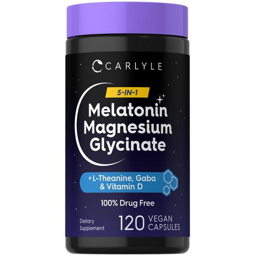View 1 A bottle of Melatonin Magnesium Glycinate 5-IN-1 with 120 vegan capsules displayed on a hand for size reference.