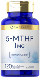 Bottle of 120 quick release capsules of 5-MTHF 1 mg displayed on a hand scale.