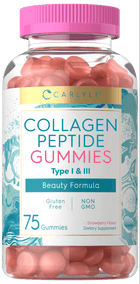 Carlyle Collagen Peptide Gummies with Type I & III, 75 strawberry-flavored gummies in a clear bottle.