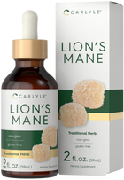 Bottle of Carlyle Lion's Mane Mushroom liquid with retail box, 2 fl. oz. (59mL), shown for scale.