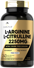 L-Arginine L-Citrulline supplements with 2250mg per serving in a bottle of 240 quick release capsules.