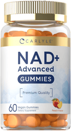 NAD+ Advanced Gummies in peach flavor, 60 vegan gummies per bottle.