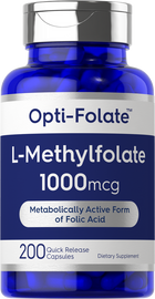 Bottle of L-Methylfolate 1000mcg Quick Release Capsules, 200 count, Opti-Folate dietary supplement.