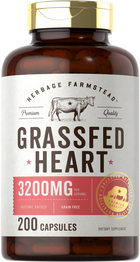Brown bottle containing 200 capsules of Grassfed Heart, 3200mg per serving.