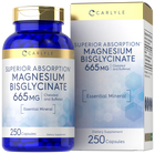 Magnesium Bisglycinate 665 mg, 250 capsules shown with a hand for size comparison.