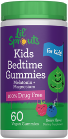 Lil' Sprouts Kids Bedtime Gummies with Melatonin and Magnesium, berry flavor, 60 vegan gummies, 100% drug-free dietary supplement.