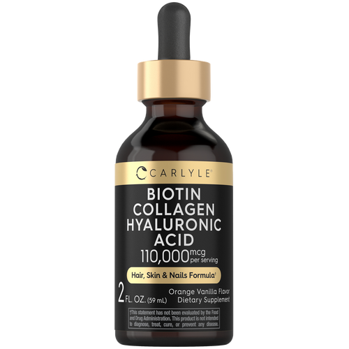 View 1 Carlyle Biotin Collagen Hyaluronic Acid liquid bottle, 2 fl. oz. (59 mL) displayed on hand for size reference.