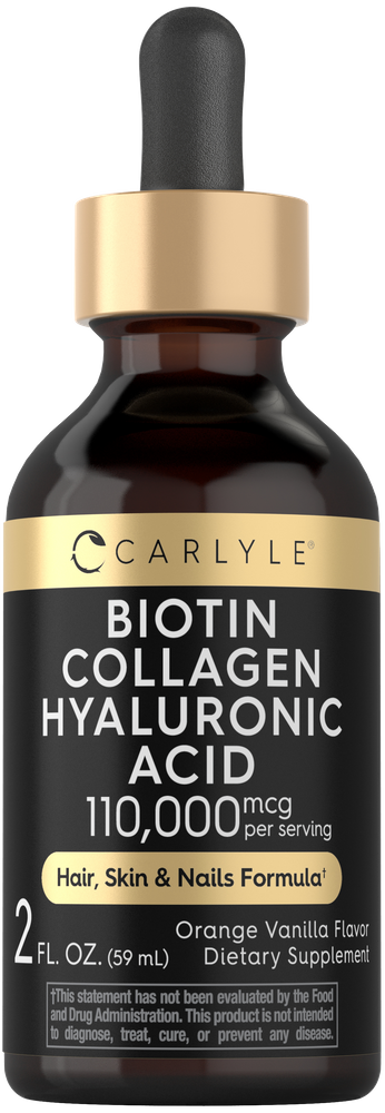 Carlyle Biotin Collagen Hyaluronic Acid liquid bottle, 2 fl. oz. (59 mL) displayed on hand for size reference.