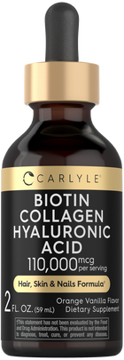 Carlyle Biotin Collagen Hyaluronic Acid liquid bottle, 2 fl. oz. (59 mL) displayed on hand for size reference.