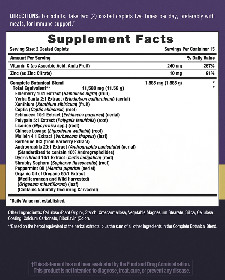 Detailed Supplement Facts for CL Immune Support 3x Blister, contains 30 blister packs.