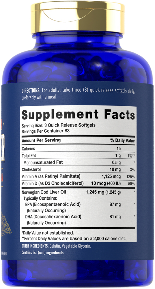 Cod Liver Oil 1245mg per serving | 250 Softgels