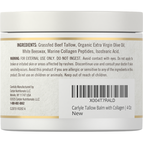 View 2 A 4 oz jar of Carlyle Tallow Balm with Collagen, suitable for skincare, placed on a hand for size reference.
