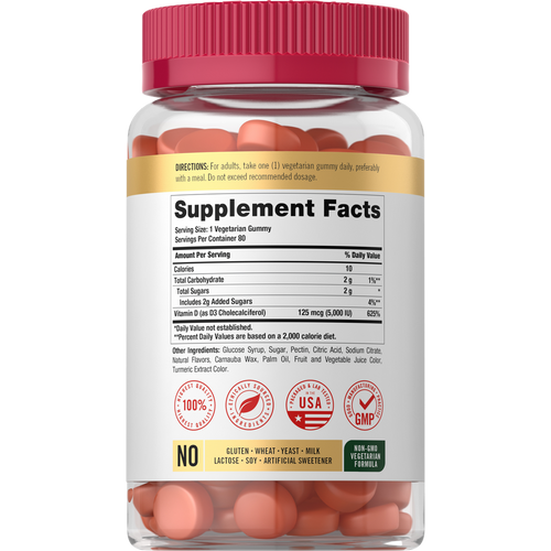 View 2 A jar containing 80 vegetarian gummies, each with 5000IU of Vitamin D. Held in hand to show size and scale of the package.