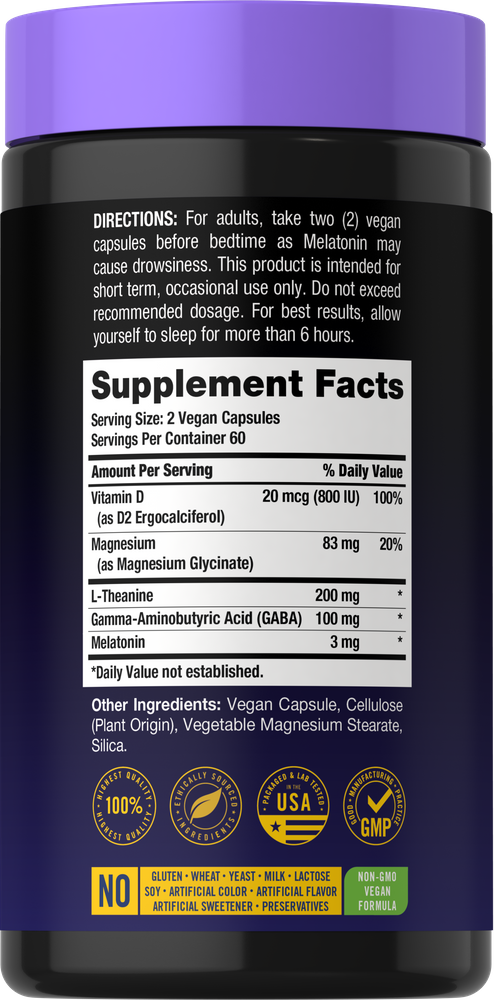Supplement Facts panel showing details for Melatonin Mag Gly 5 in 1.