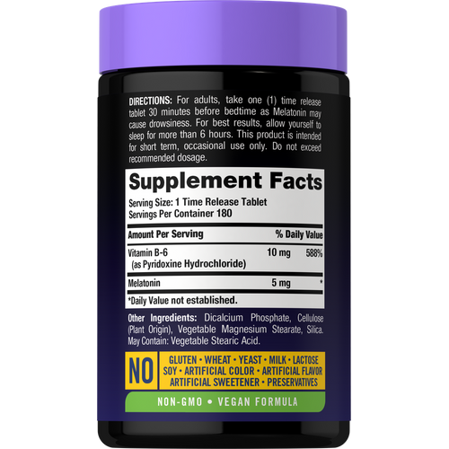 View 2 The Supplement Facts panel displays details for Sustained Release Melatonin 5mg, 180 tablets.