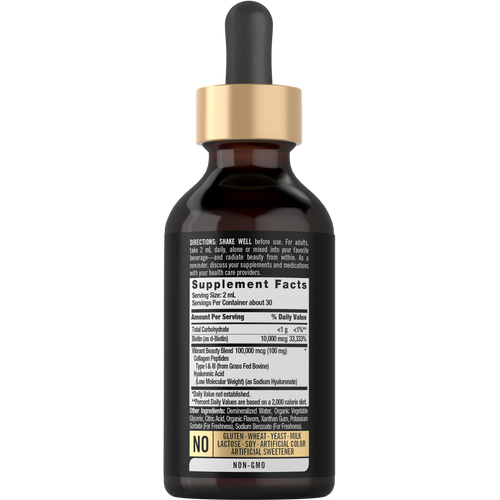 View 2 A dropper bottle labeled CL Collagen Biotin Hyal Liquid, 2 fl oz, viewed on a hand-scale for size reference.