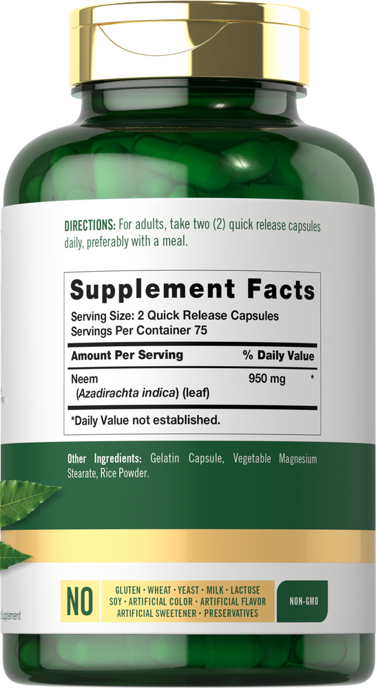 Hoja de Neem 950 mg por porción | 150 Cápsulas