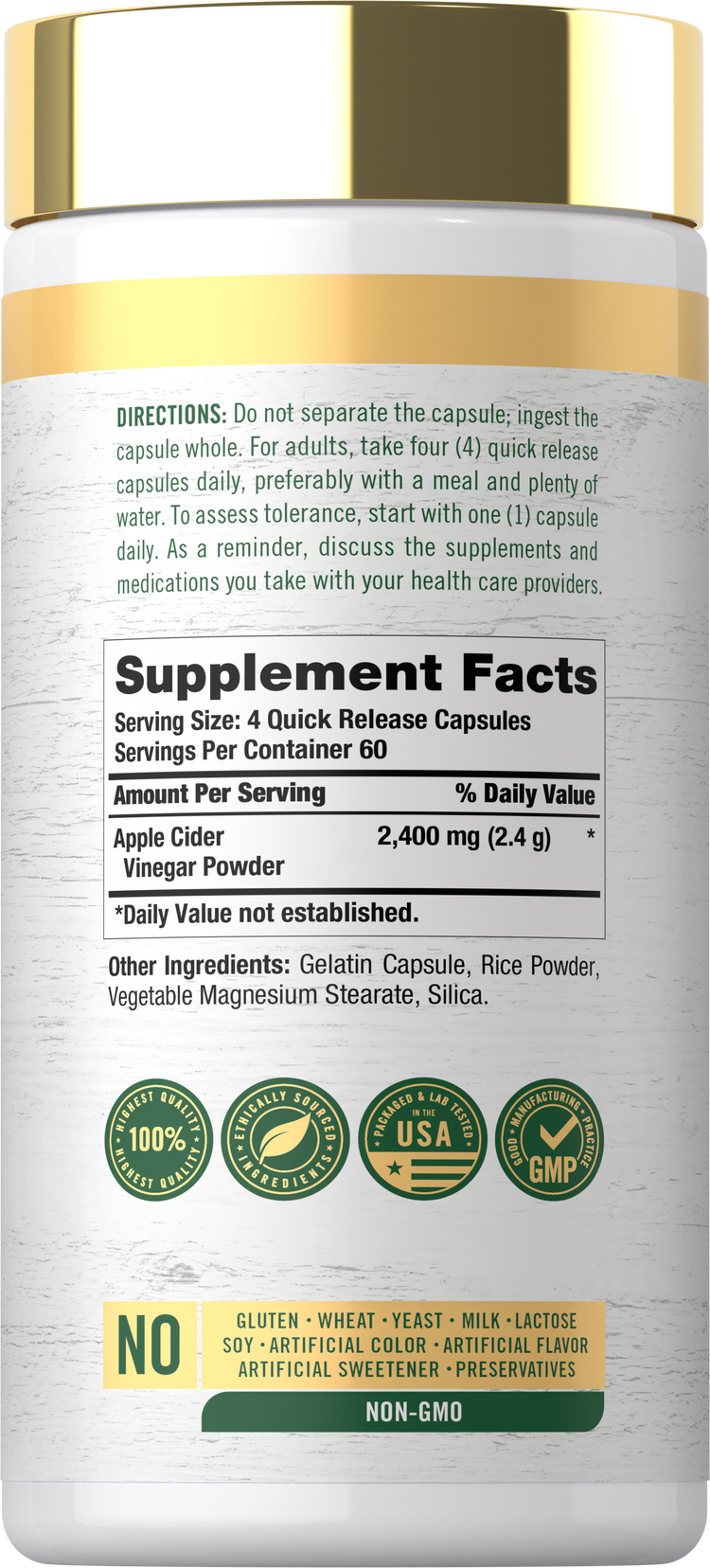 Carlyle Apple Cider Vinegar 2400mg, 240 capsules for quick release.