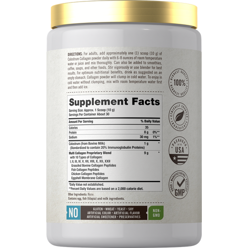 View 2 A 300 g jar of Colostrum & Collagen powder with a hand showing scale for size reference.
