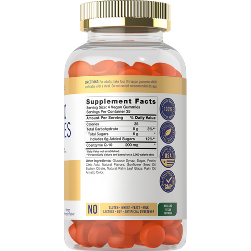 View 2 A hand holding 140 CoQ10 200 mg orange gummies, showing the size and appearance of the product.