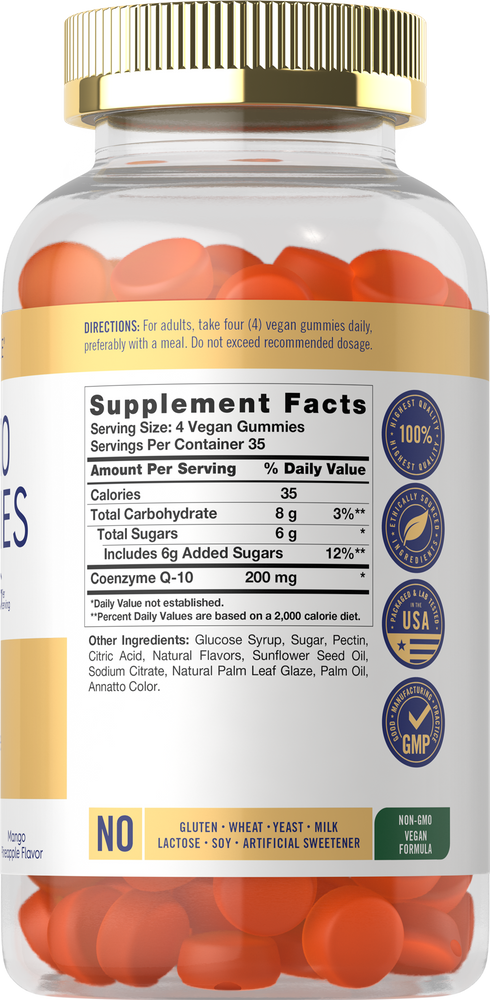 A hand holding 140 CoQ10 200 mg orange gummies, showing the size and appearance of the product.