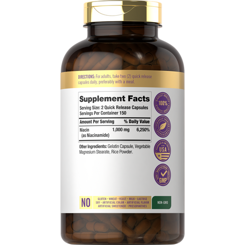View 2 Niacinamide 1000 mg capsules, quick release, two per serving, with a total of 300 capsules.