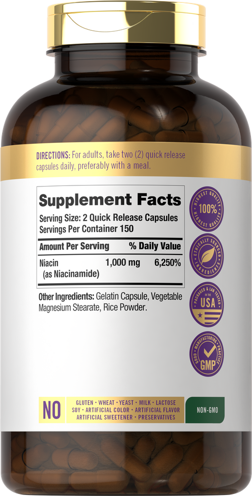 Niacinamide 1000 mg capsules, quick release, two per serving, with a total of 300 capsules.