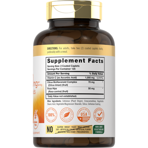 View 2 Carlyle Vitamin C 1000mg with Bioflavonoids, featuring 250 coated caplets, shown on a hand for scale.