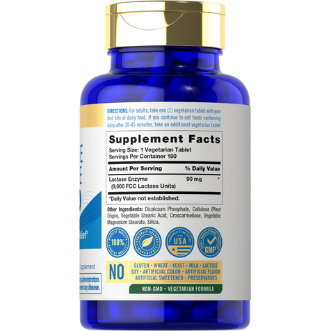 Best Naturals Fast Acting Lactase Enzyme - 3000 FCC ALU Per Tablet, 180 Tablets, Dairy Digestion Support