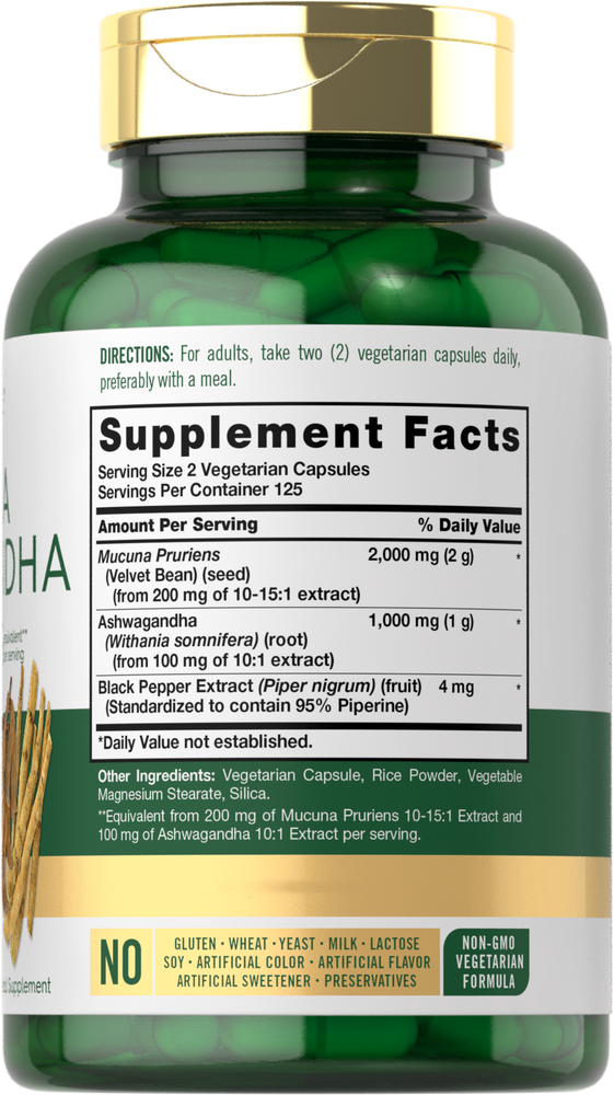 Mucuna avec Ashwagandha 3000mg par portion | 250 Capsules