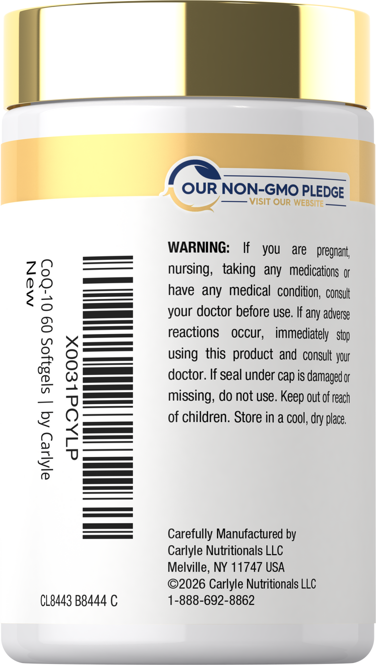 Carlyle CoQ-10 bottle with 60 softgels and a gold cap.