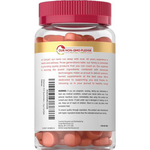 View 3 A full transparent jar of Carlyle's orange Vitamin D3 gummies for daily health support.