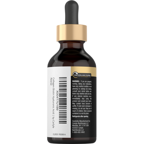 View 3 Bottle of Collagen, Biotin, and Hyaluronic Acid liquid supplement, 2 fl oz size, placed on a hand scale for measurement.