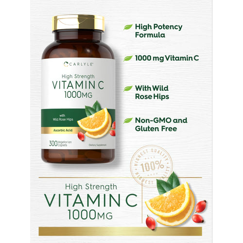 View 3 Hand holding bulk bottle of Vitamin C 1000MG, containing 300 vegetarian caplets, emphasizing supplement size and plant-based ingredients.