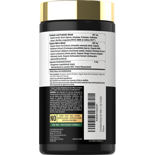 View 3 Hand holding a bottle of Carlyle Certified Multivitamin For Men, 120 capsules.