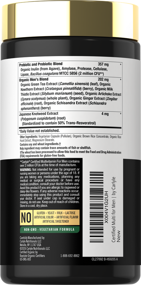 Hand holding a bottle of Carlyle Certified Multivitamin For Men, 120 capsules.