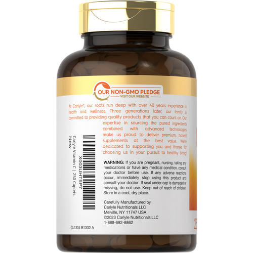 View 3 A bottle of Carlyle Vitamin C 1000mg with Bioflavonoids, containing 250 caplets, shown on a hand for size reference.