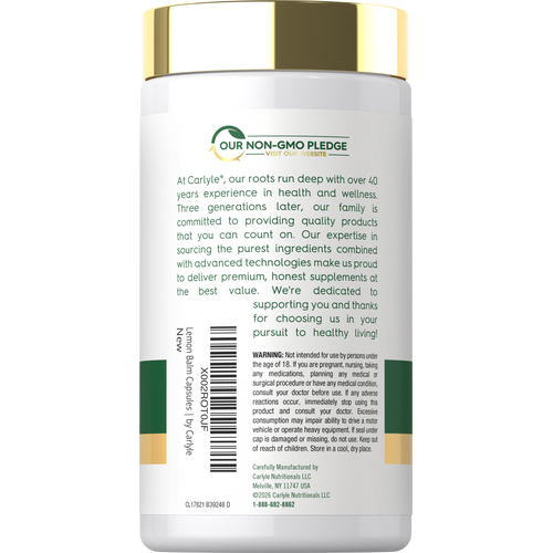 View 3 Carlyle Melissa Lemon Balm Leaf 2400 mg bottle with 200 capsules shown.