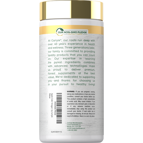 View 3 Carlyle Apple Cider Vinegar 2400mg 240 Capsules container with a gold lid and 'OUR NON-GMO PLEDGE' logo.