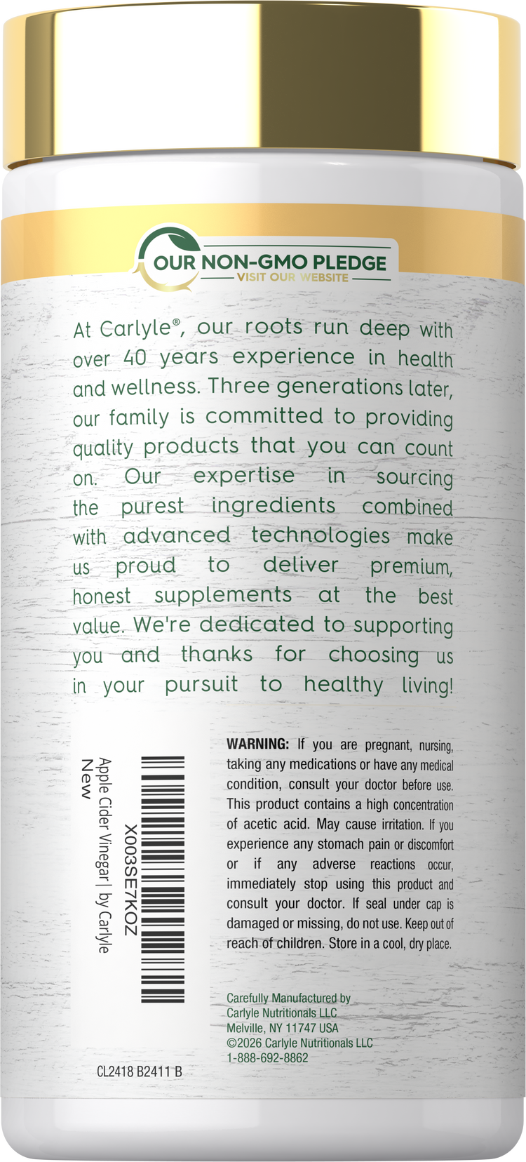 Carlyle Apple Cider Vinegar 2400mg 240 Capsules container with a gold lid and 'OUR NON-GMO PLEDGE' logo.