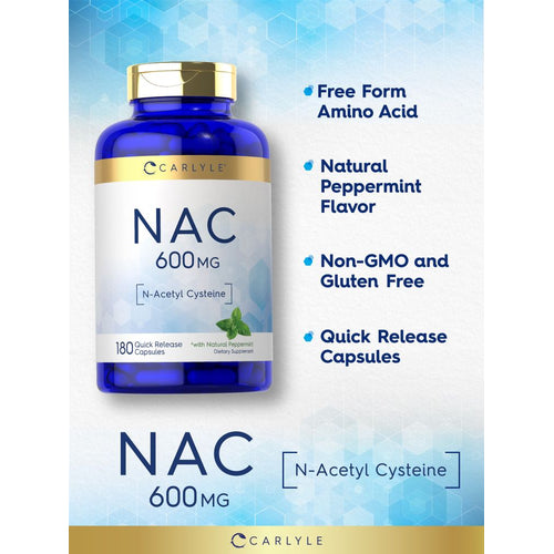 Carlyle Nac N Acetyl Cysteine 600mg | 180 Capsules | with Peppermint | Free Form Supplement