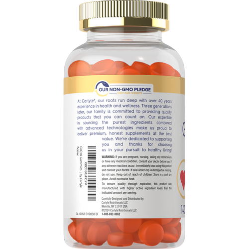 View 3 Carlyle CoQ10 200 mg, 140 orange round gummies visible inside a clear bottle, hand-sized.